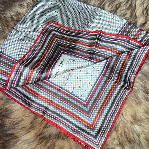 Christian Dior Vintage Silk Scarf — Red Trim Geometric Print Stripes Polkadot — - Picture 1 of 13